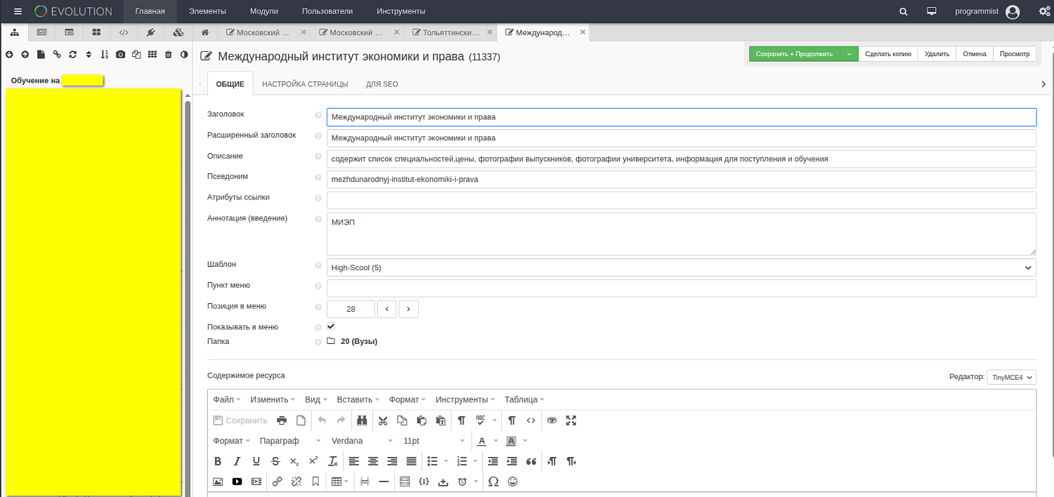 Настройка SEO на сайте Evolution CMS