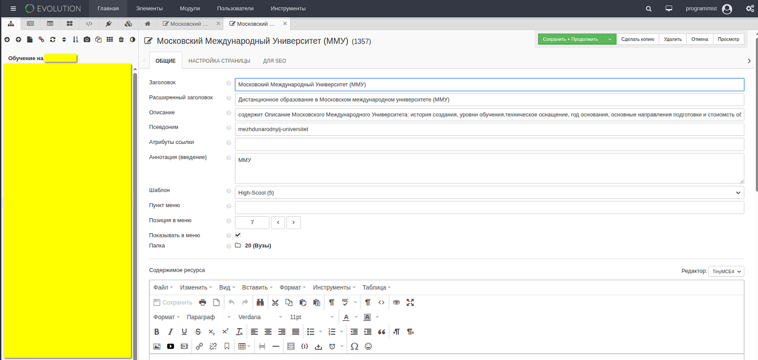 Настройка SEO на сайте Evolution CMS